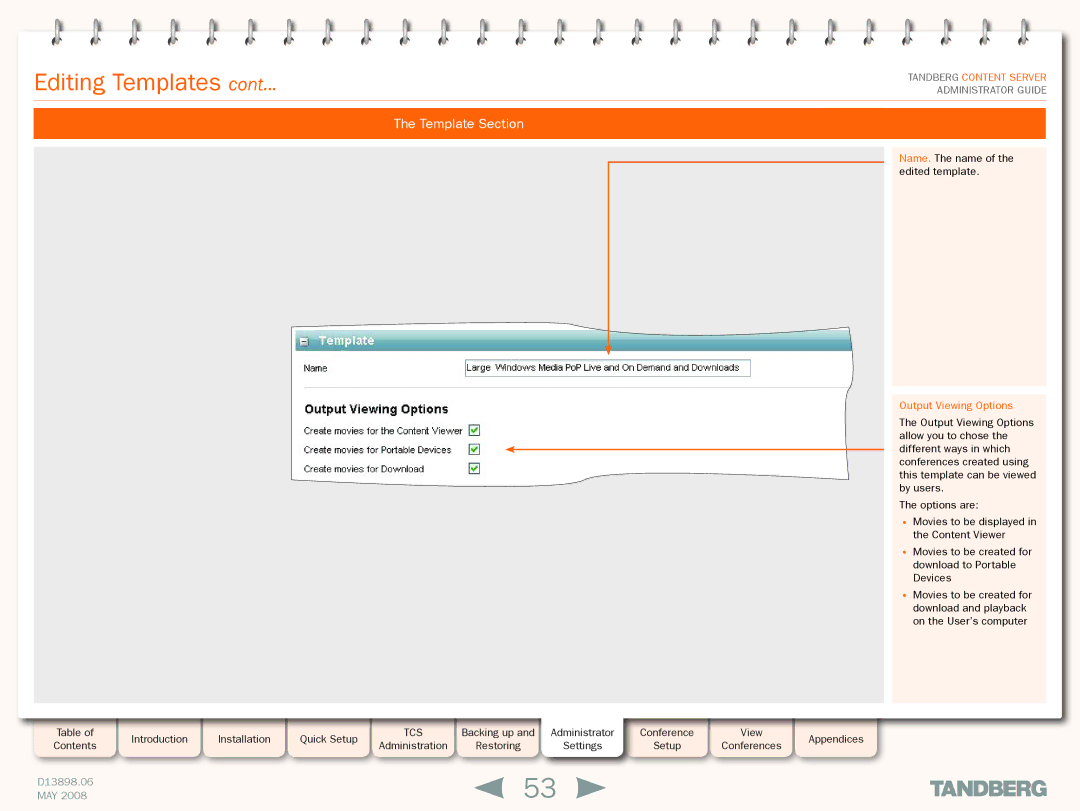 TANDBERG S3.1 manual Template Section, Output Viewing Options 