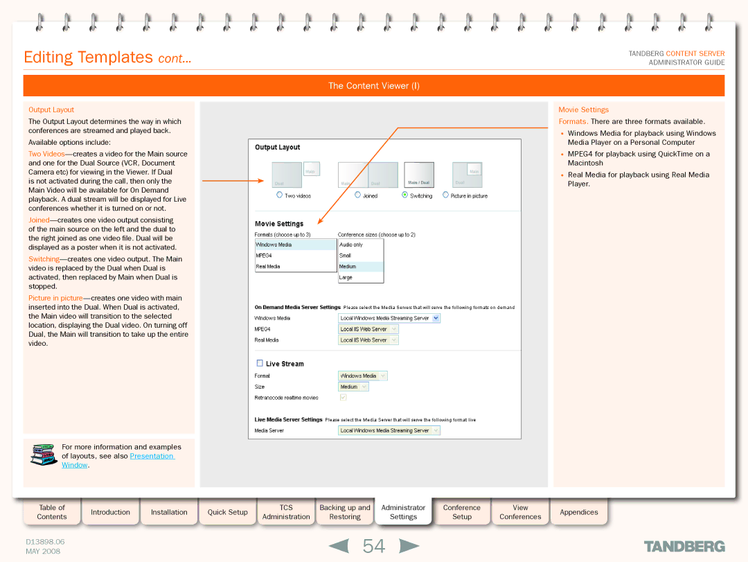 TANDBERG S3.1 manual Content Viewer, Output Layout, Movie Settings 