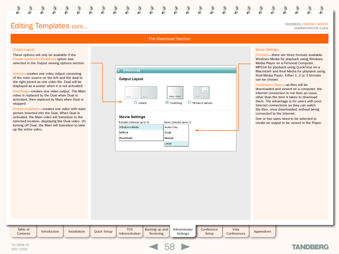 TANDBERG S3.1 manual Download Section, Movie Settings 