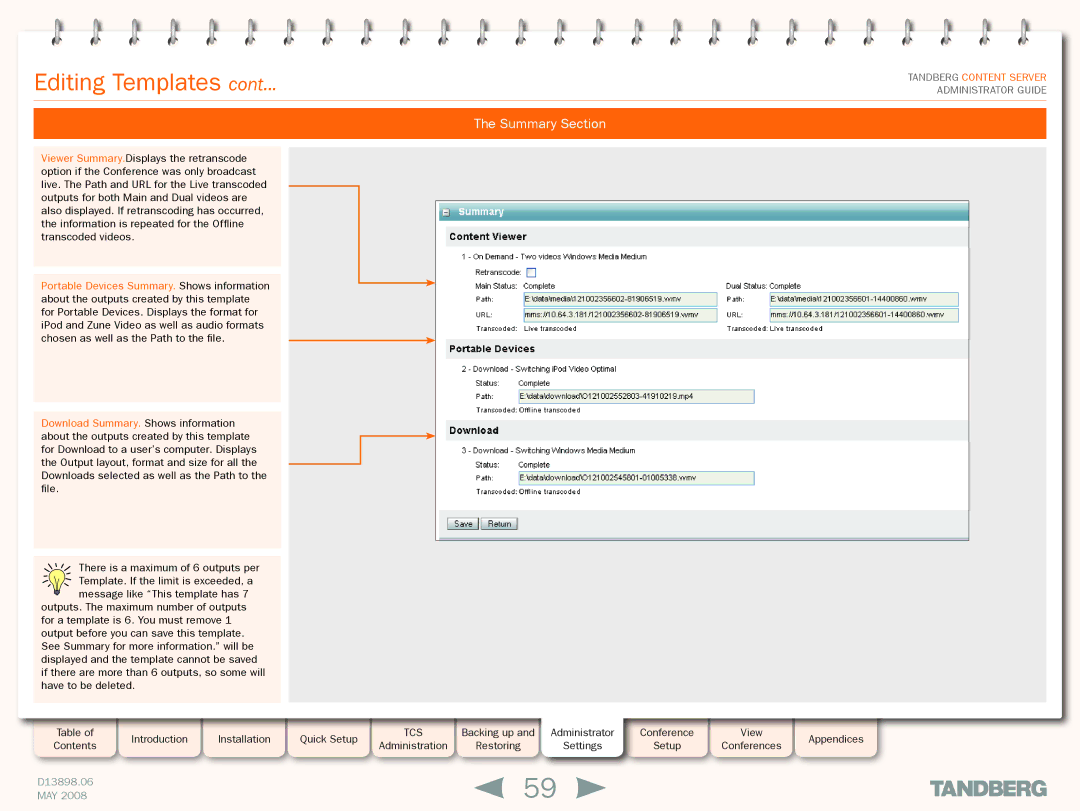 TANDBERG S3.1 manual Summary Section 