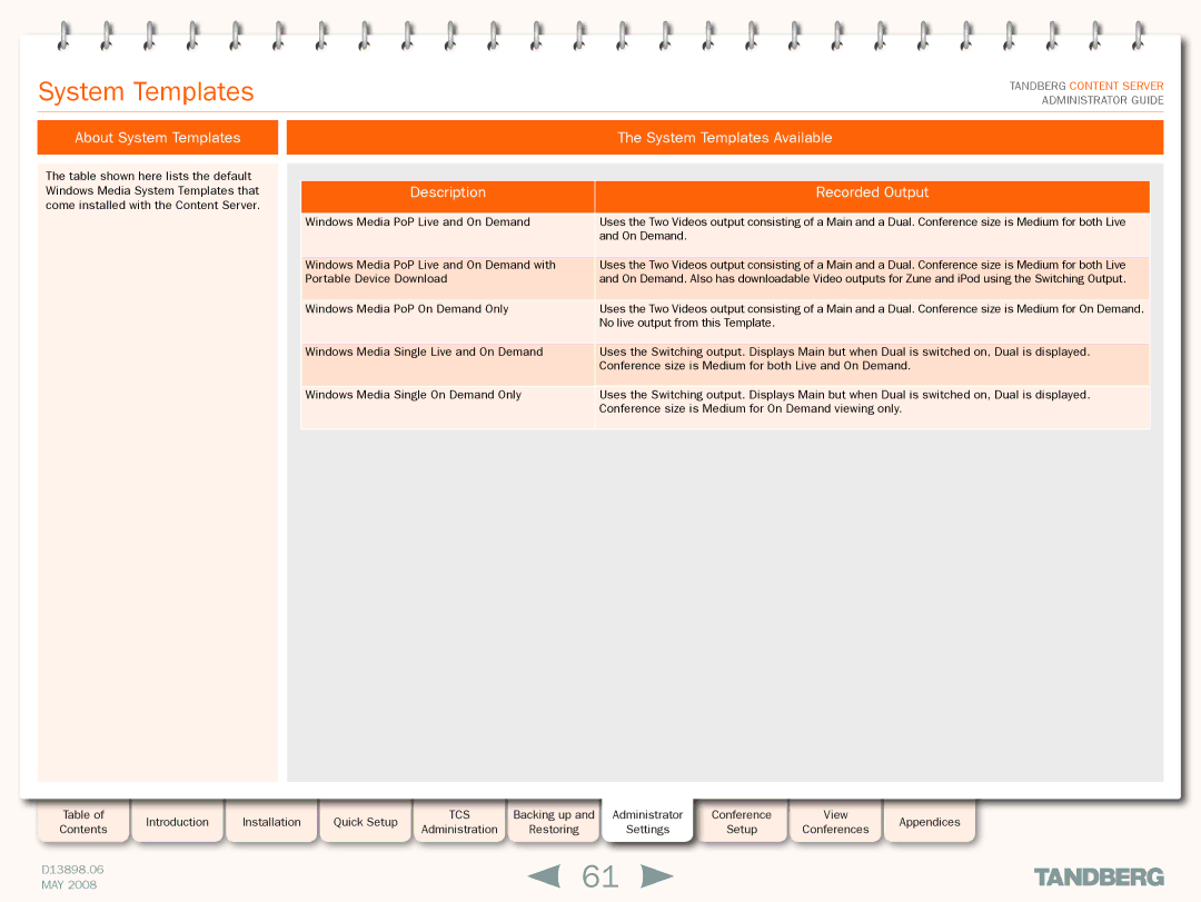 TANDBERG S3.1 manual System Templates Available, Description Recorded Output 