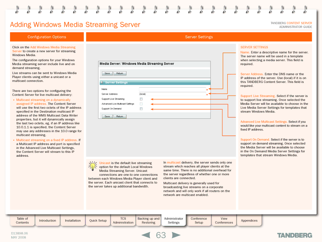 TANDBERG S3.1 manual Adding Windows Media Streaming Server, Configuration Options Server Settings 