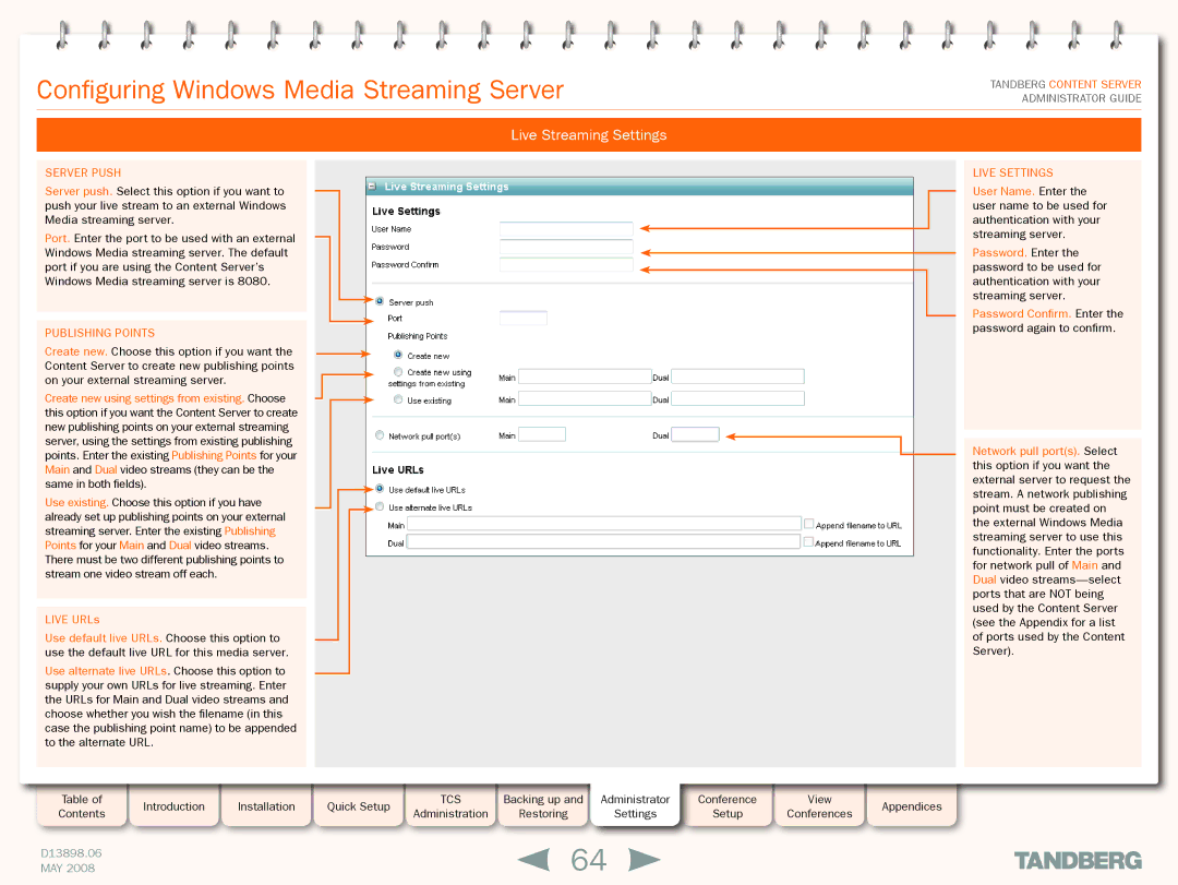 TANDBERG S3.1 manual Configuring Windows Media Streaming Server, Live Streaming Settings, Server push, Publishing Points 