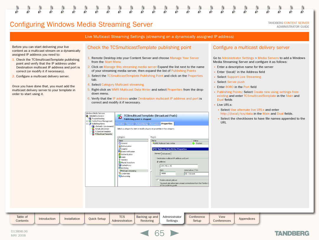 TANDBERG S3.1 manual Check the TCSmulticastTemplate publishing point, Select Support Live Streaming Select Server push 