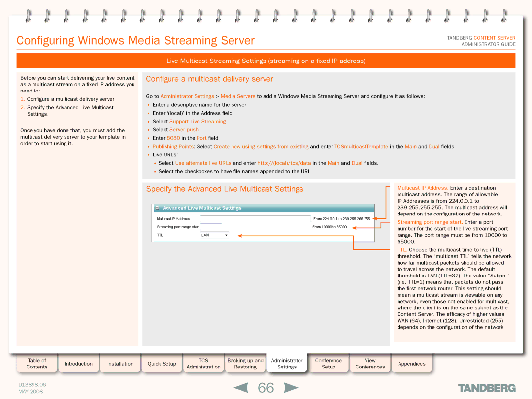 TANDBERG S3.1 manual Specify the Advanced Live Multicast Settings 