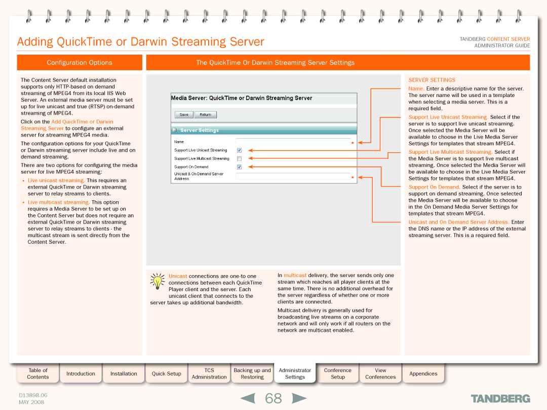 TANDBERG S3.1 manual Adding QuickTime or Darwin Streaming Server, Server Settings 