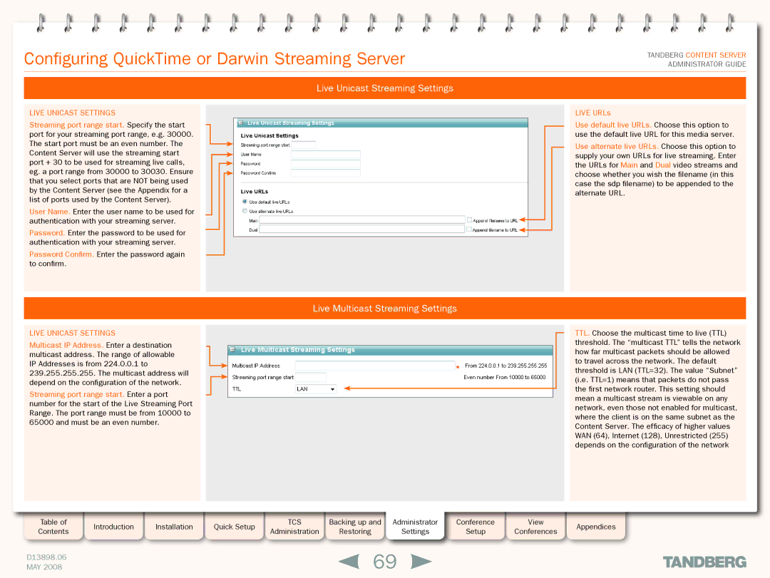 TANDBERG S3.1 manual Configuring QuickTime or Darwin Streaming Server, Live Unicast Streaming Settings 