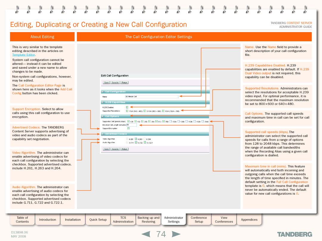 TANDBERG S3.1 Editing, Duplicating or Creating a New Call Configuration, About Editing Call Configuration Editor Settings 