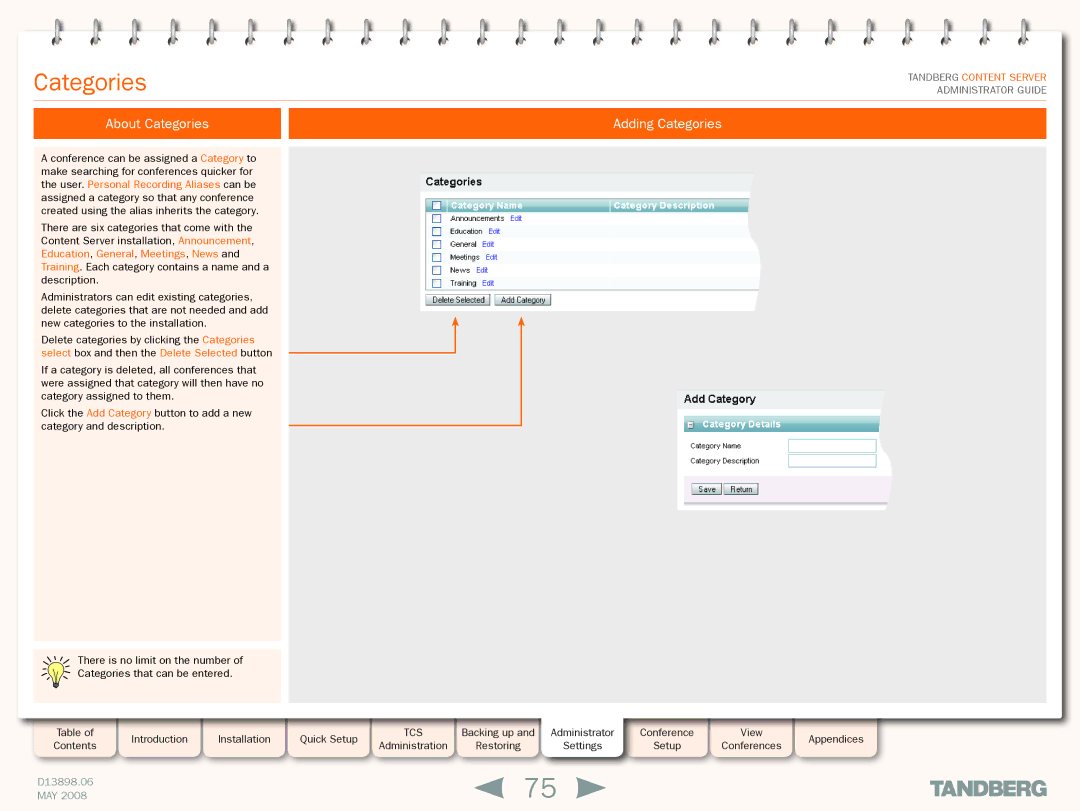 TANDBERG S3.1 manual About Categories Adding Categories 