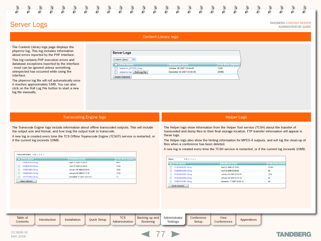 TANDBERG S3.1 manual Content Library logs, Transcoding Engine logs Helper Logs 