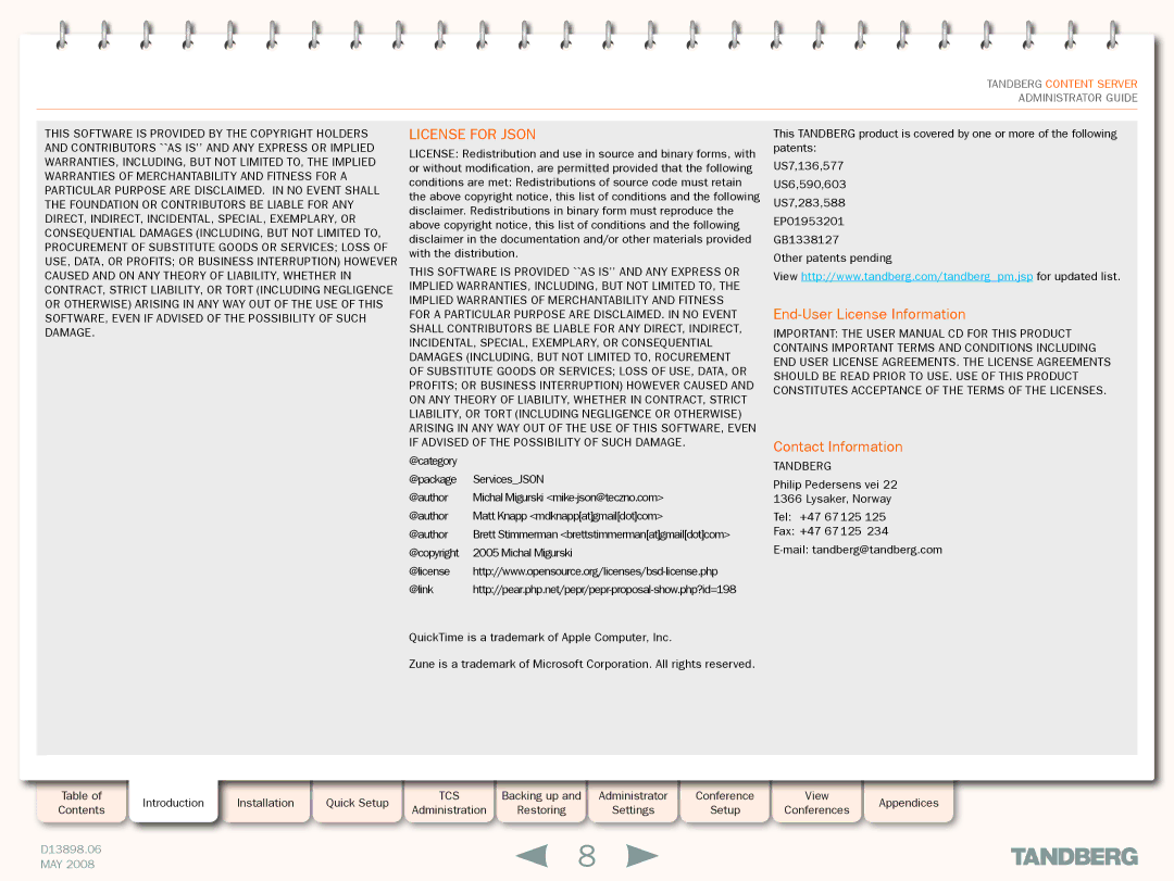 TANDBERG S3.1 manual License for Json 