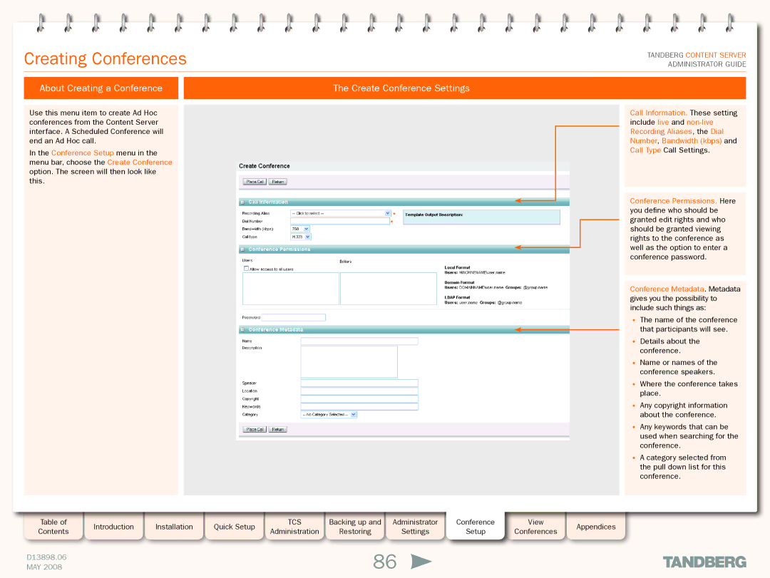 TANDBERG S3.1 manual Creating Conferences, About Creating a Conference Create Conference Settings 