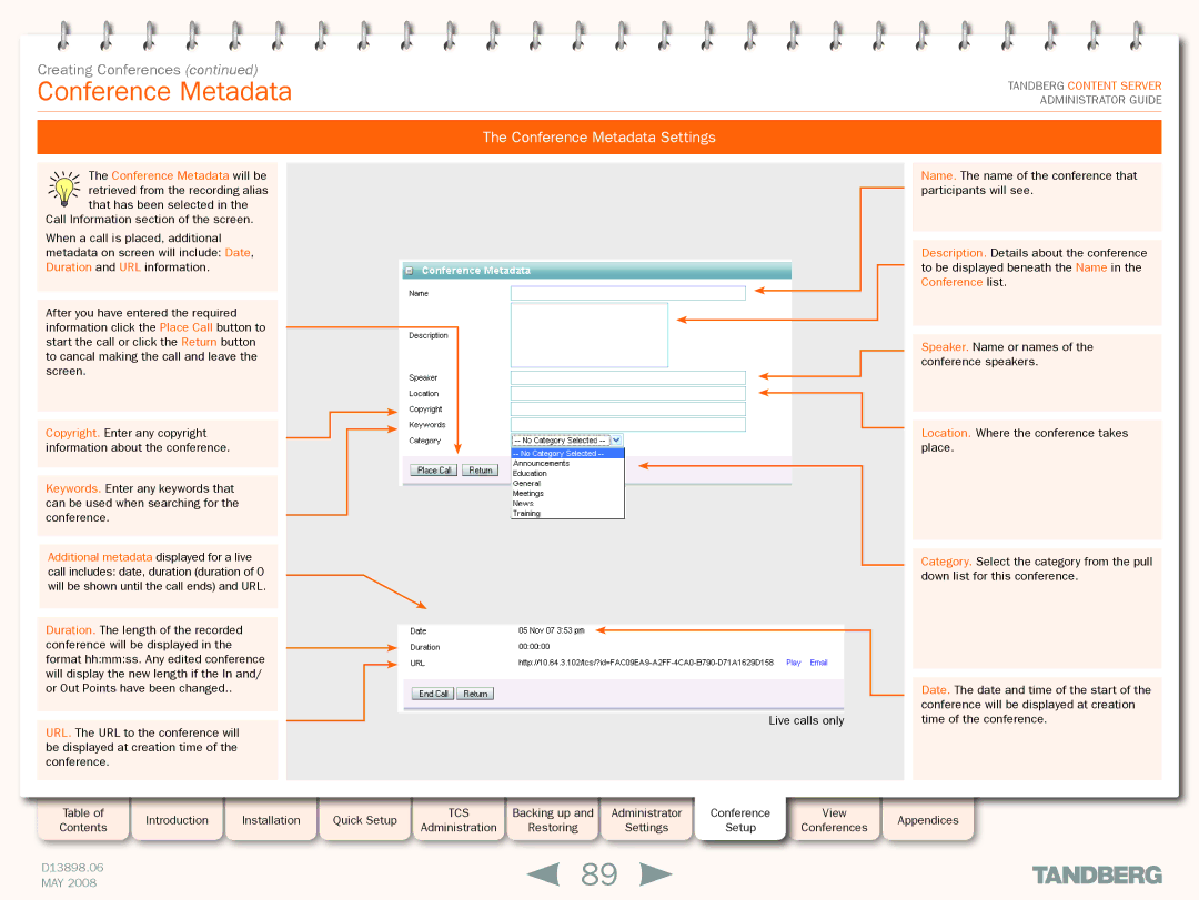 TANDBERG S3.1 manual Conference Metadata Settings, Conference Metadata will be 