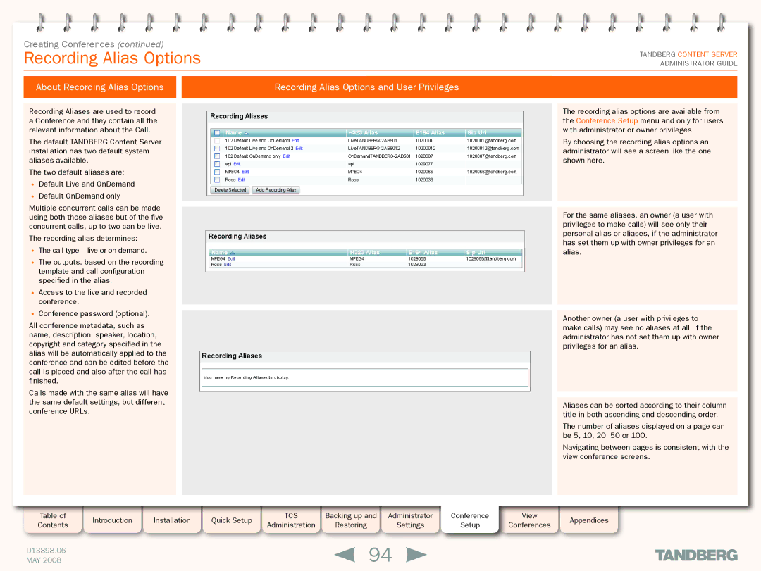 TANDBERG S3.1 manual Recording Alias Options 