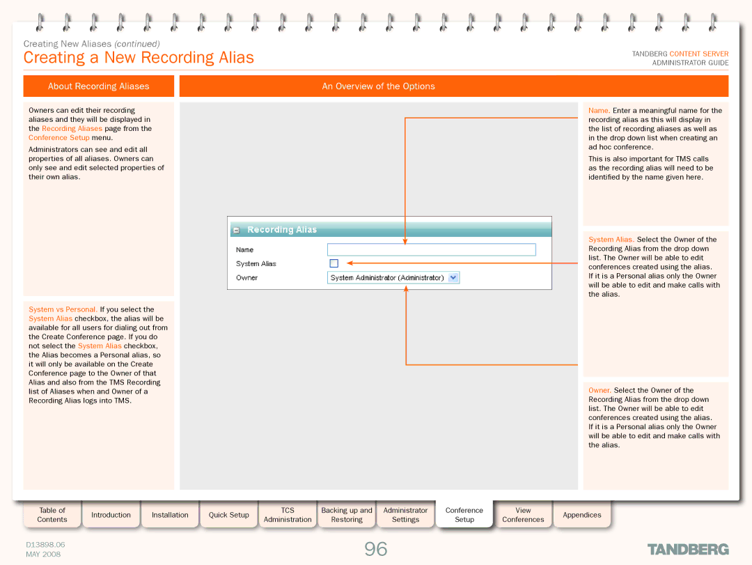 TANDBERG S3.1 manual Creating a New Recording Alias, About Recording Aliases An Overview of the Options 