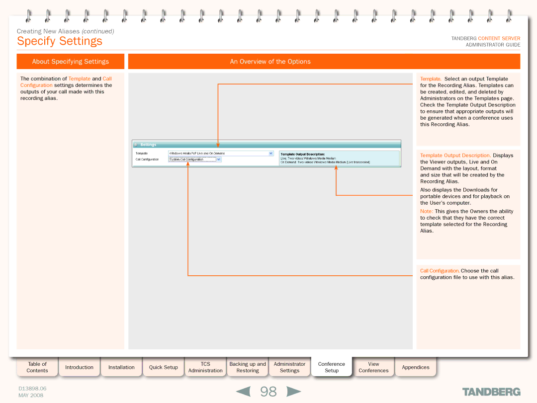 TANDBERG S3.1 manual Specify Settings, About Specifying Settings An Overview of the Options 