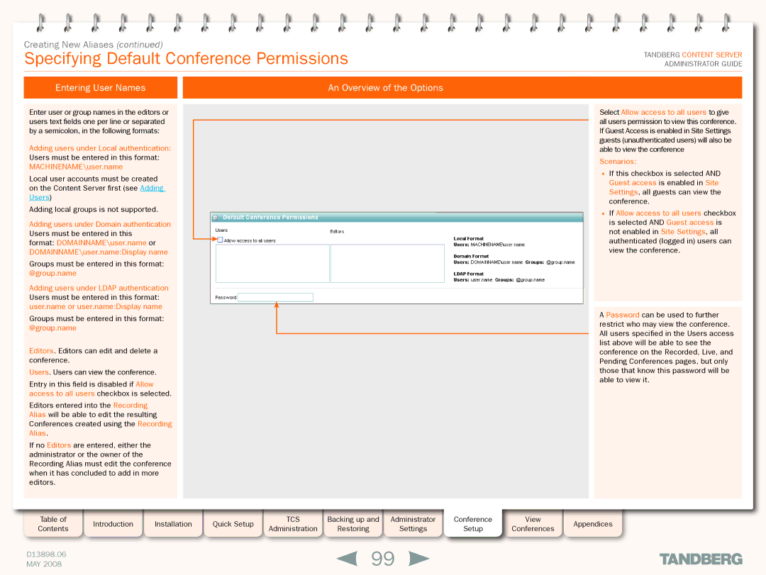 TANDBERG S3.1 manual Specifying Default Conference Permissions, Entering User Names An Overview of the Options, Scenarios 