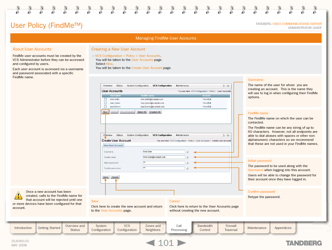 TANDBERG Security Camera manual 101, Managing FindMe User Accounts, About User Accounts, Creating a New User Account 