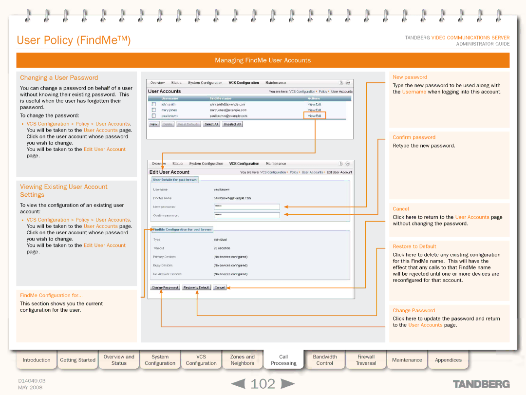 TANDBERG Security Camera manual 102, Changing a User Password, Viewing Existing User Account Settings 