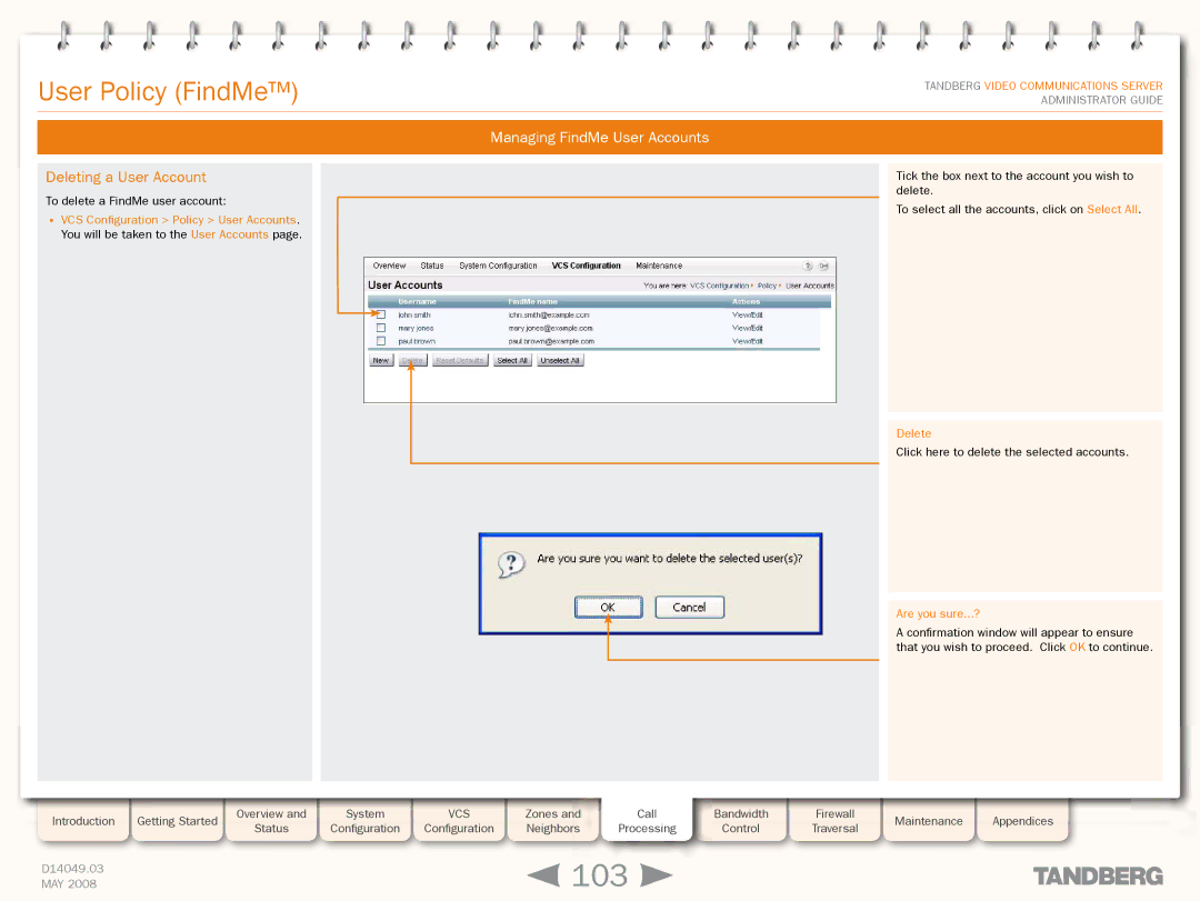 TANDBERG Security Camera manual 103, Deleting a User Account, Are you sure...? 