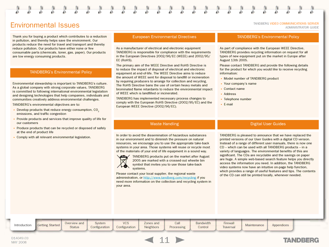 TANDBERG Security Camera manual Environmental Issues, Waste Handling Digital User Guides 