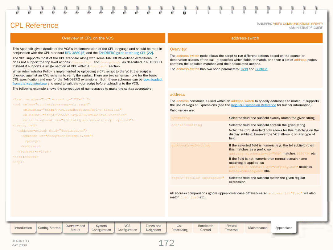 TANDBERG Security Camera manual 172, CPL Reference, Overview of CPL on the VCS, Address-switch 