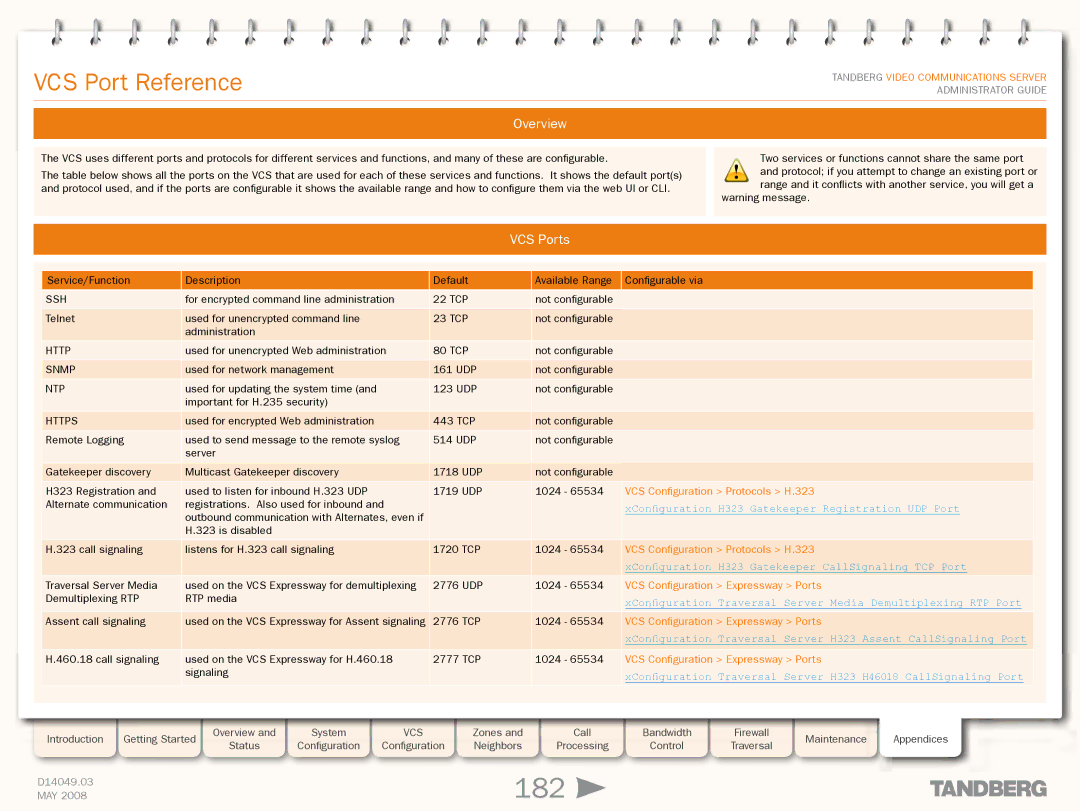 TANDBERG Security Camera manual 182, VCS Port Reference, VCS Ports, XConfiguration H323 Gatekeeper Registration UDP Port 