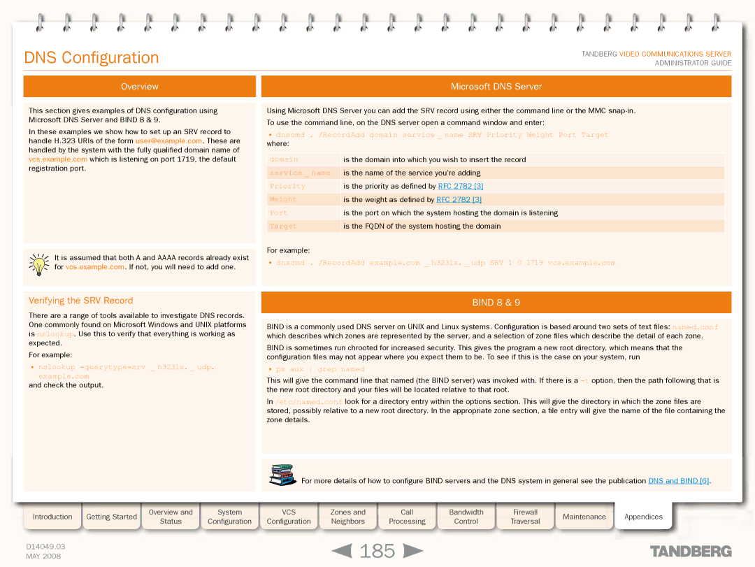 TANDBERG Security Camera manual 185, DNS Configuration, Overview Microsoft DNS Server, Verifying the SRV Record, Bind 8 