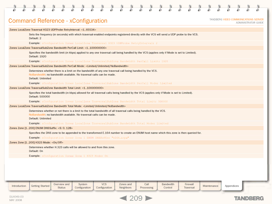 TANDBERG Security Camera manual 209, Example xConfiguration Zones Zone 1 H323 Mode On 