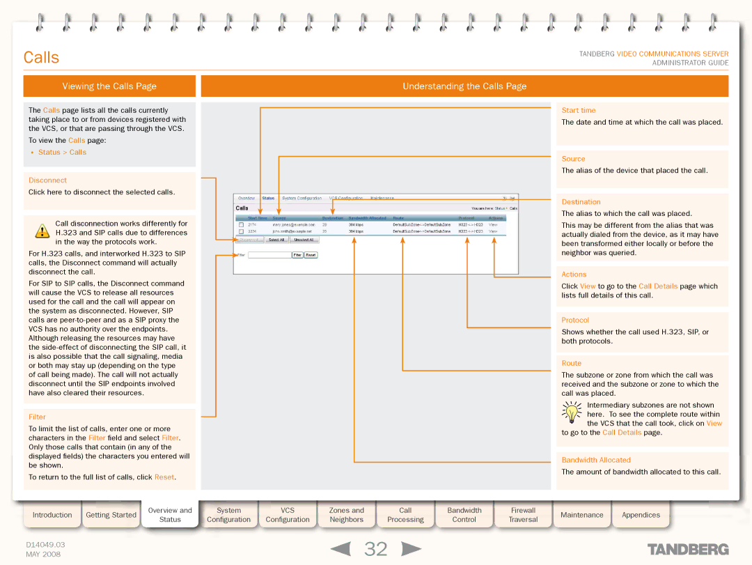 TANDBERG Security Camera manual Viewing the Calls Understanding the Calls 