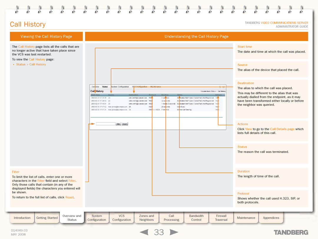 TANDBERG Security Camera manual Viewing the Call History Understanding the Call History, Status Call History Filter 