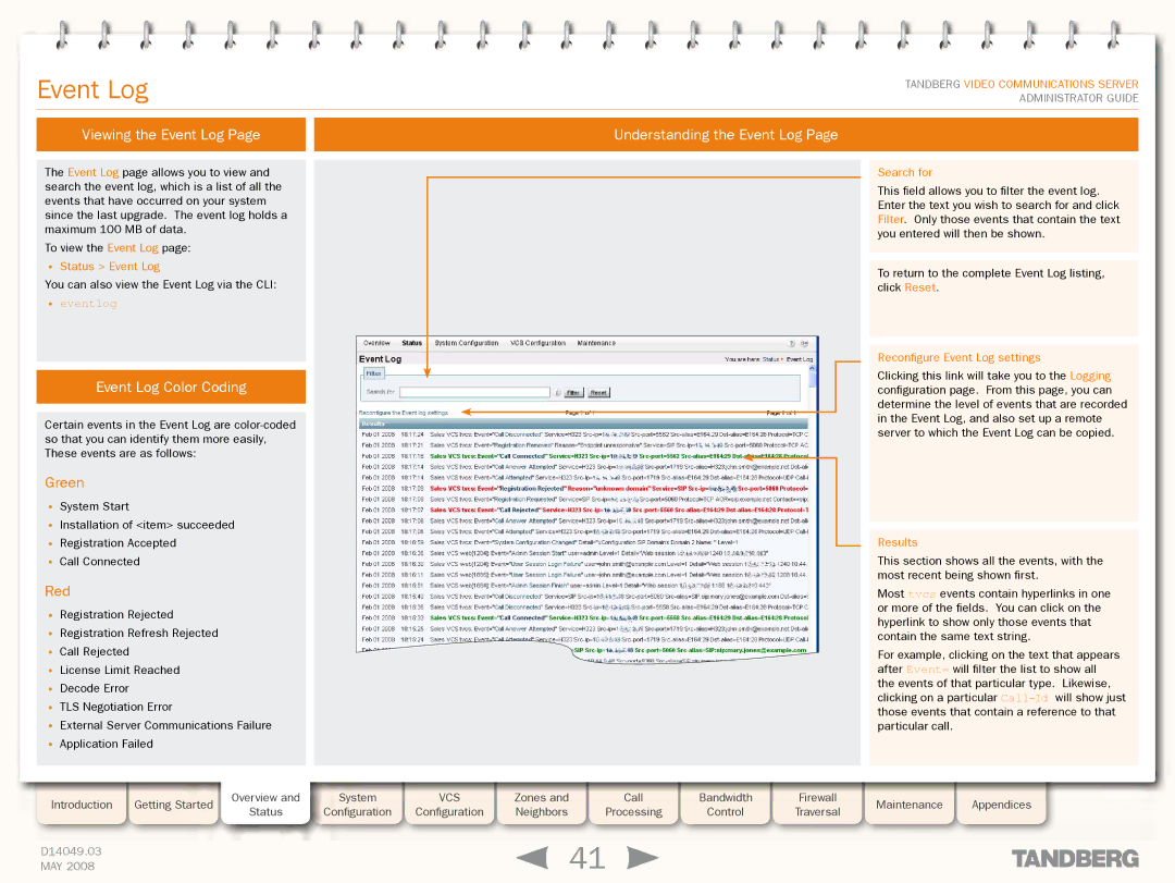 TANDBERG Security Camera manual Viewing the Event Log Understanding the Event Log, Event Log Color Coding, Green, Red 