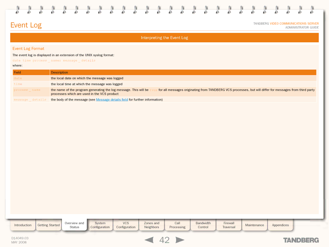 TANDBERG Security Camera manual Interpreting the Event Log, Event Log Format 