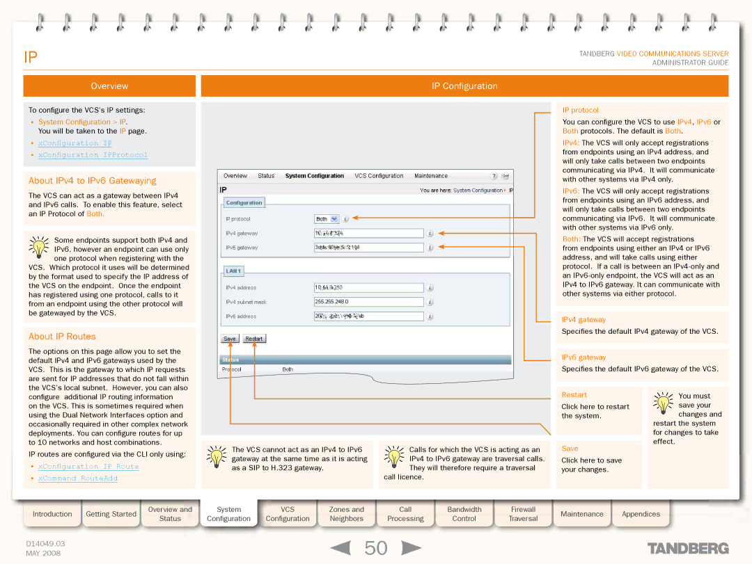 TANDBERG Security Camera manual Overview IP Configuration, About IPv4 to IPv6 Gatewaying, About IP Routes 