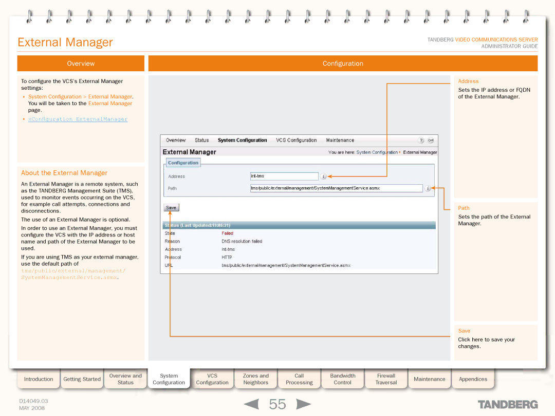 TANDBERG Security Camera manual About the External Manager, XConfiguration ExternalManager, Address, Path 