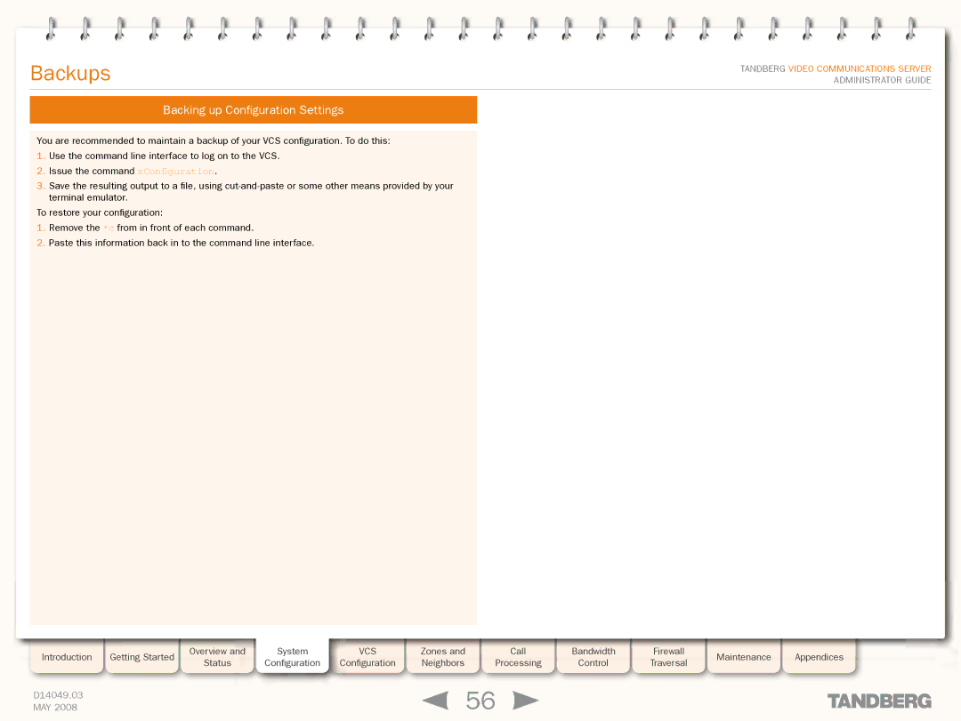 TANDBERG Security Camera manual Backups, Backing up Configuration Settings 