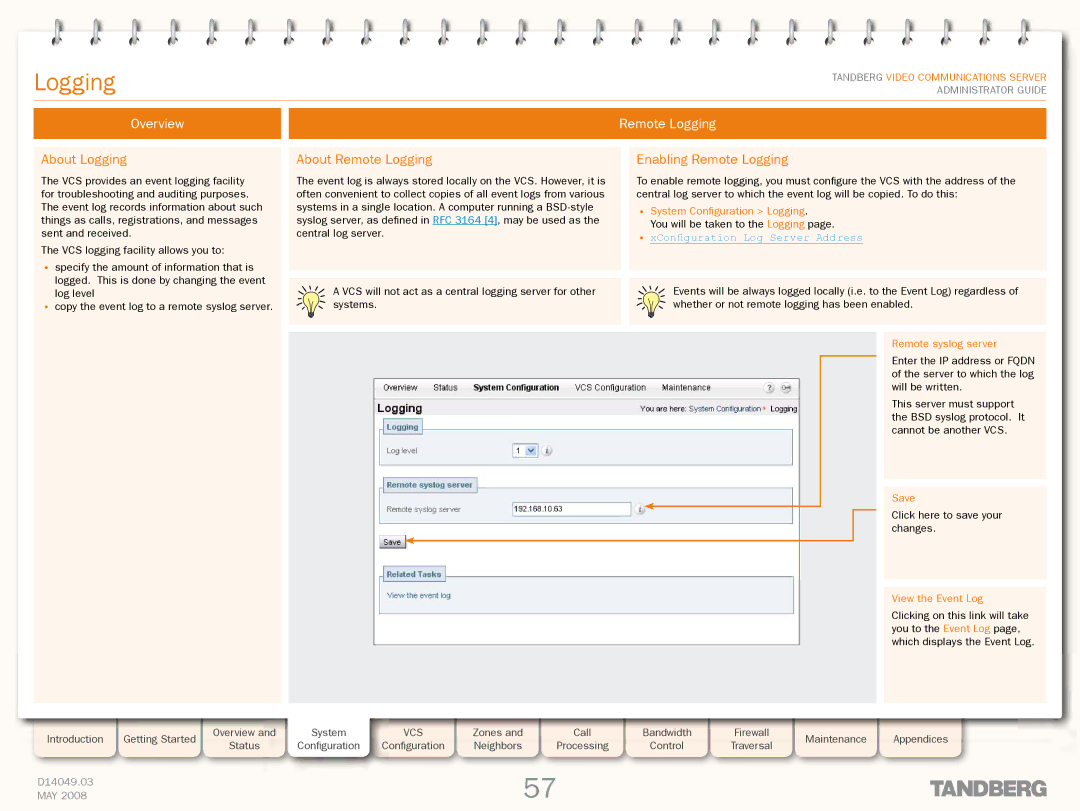 TANDBERG Security Camera manual Overview Remote Logging, About Logging, About Remote Logging, Enabling Remote Logging 