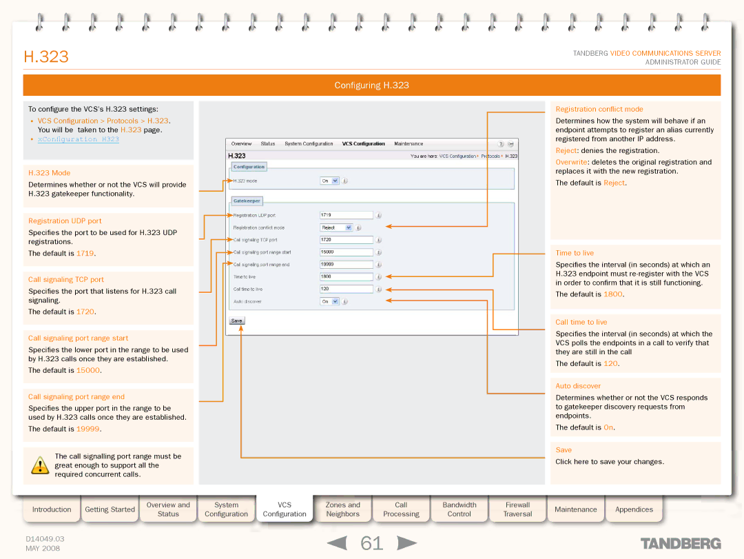 TANDBERG Security Camera manual Configuring H.323, XConfiguration H323 