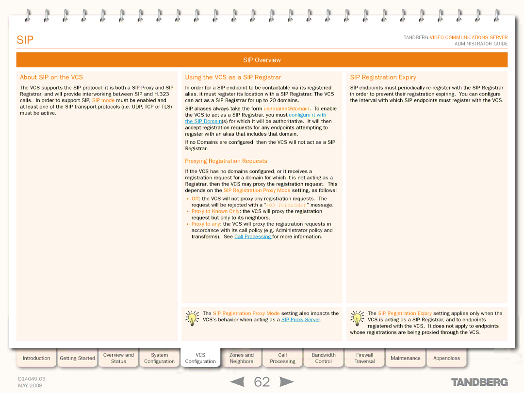 TANDBERG Security Camera SIP Overview, About SIP on the VCS, Using the VCS as a SIP Registrar, SIP Registration Expiry 