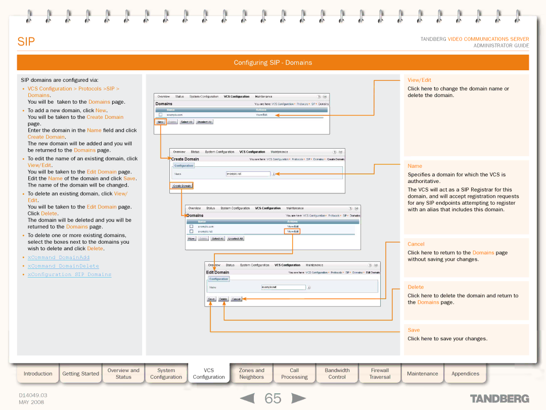 TANDBERG Security Camera manual Configuring SIP Domains, VCS Configuration Protocols SIP Domains, View/Edit, Cancel, Delete 