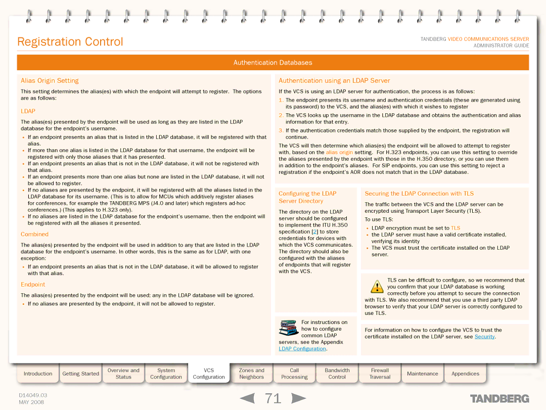 TANDBERG Security Camera manual Authentication Databases, Alias Origin Setting, Authentication using an Ldap Server 