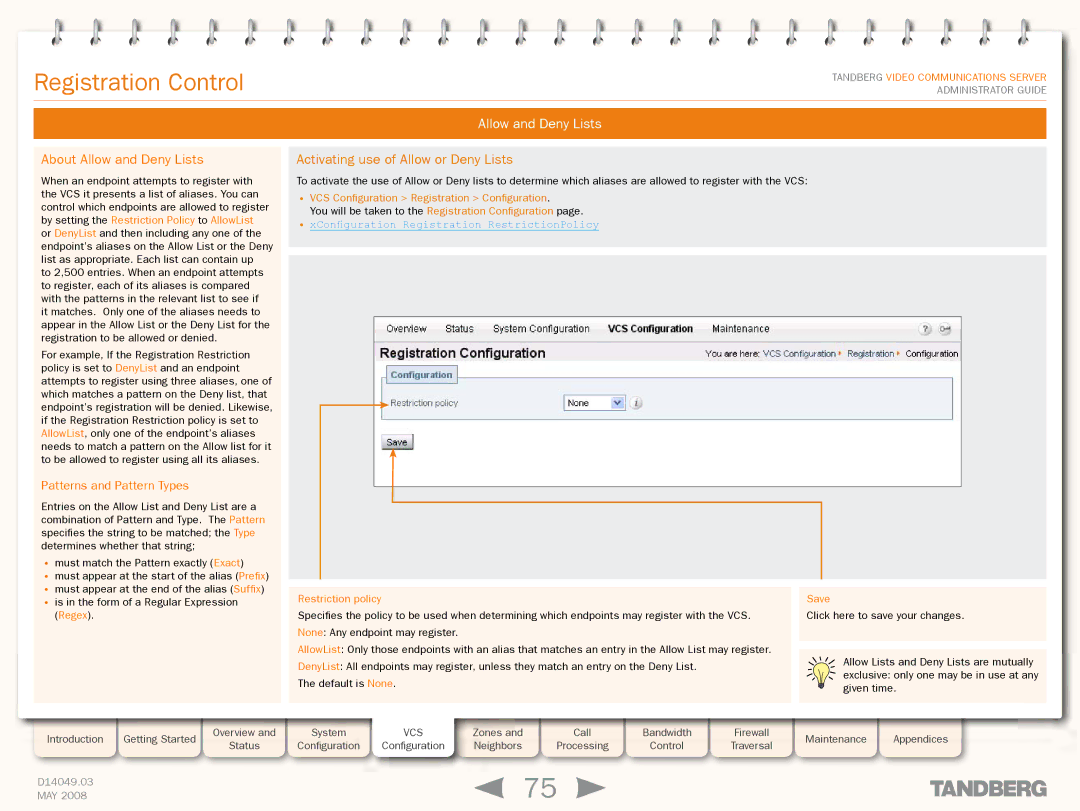 TANDBERG Security Camera About Allow and Deny Lists, Activating use of Allow or Deny Lists, Patterns and Pattern Types 