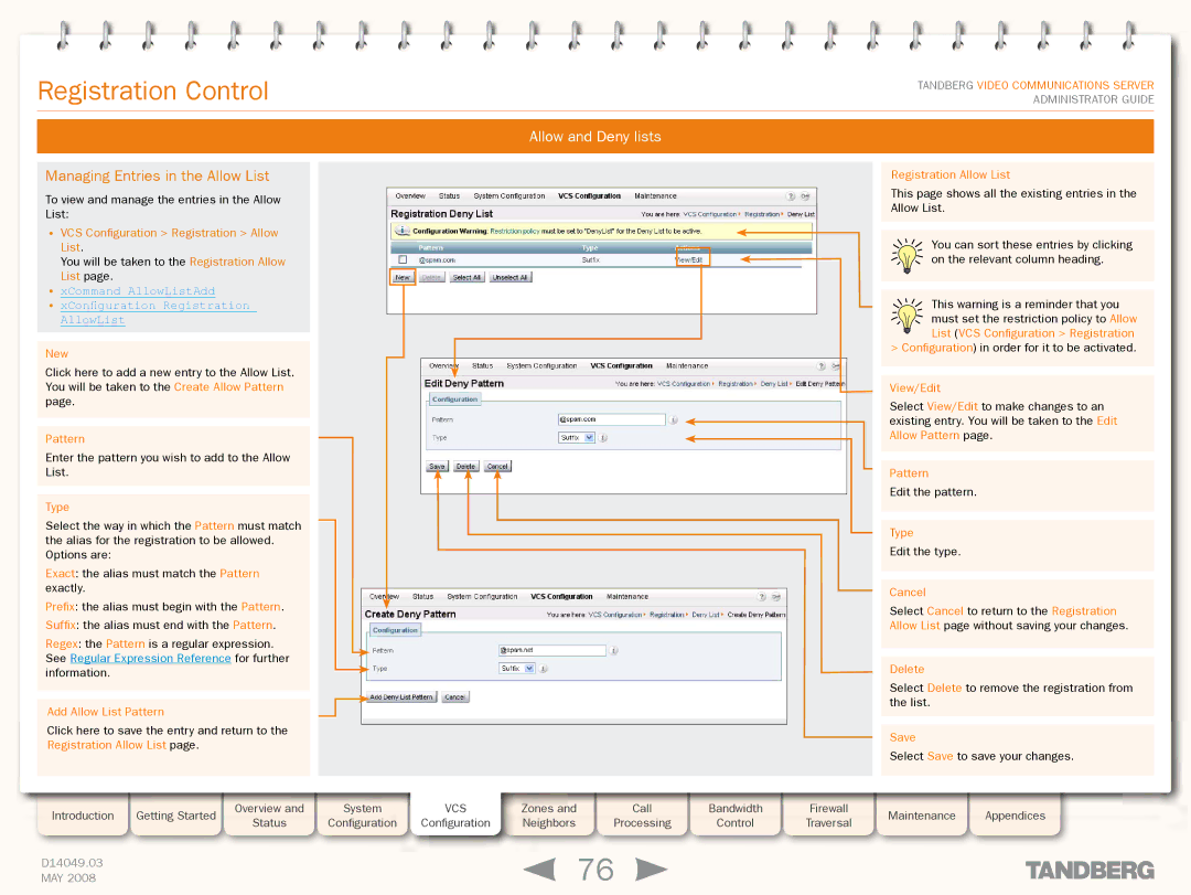 TANDBERG Security Camera Managing Entries in the Allow List, XCommand AllowListAdd XConfigurationAllowList Registration 