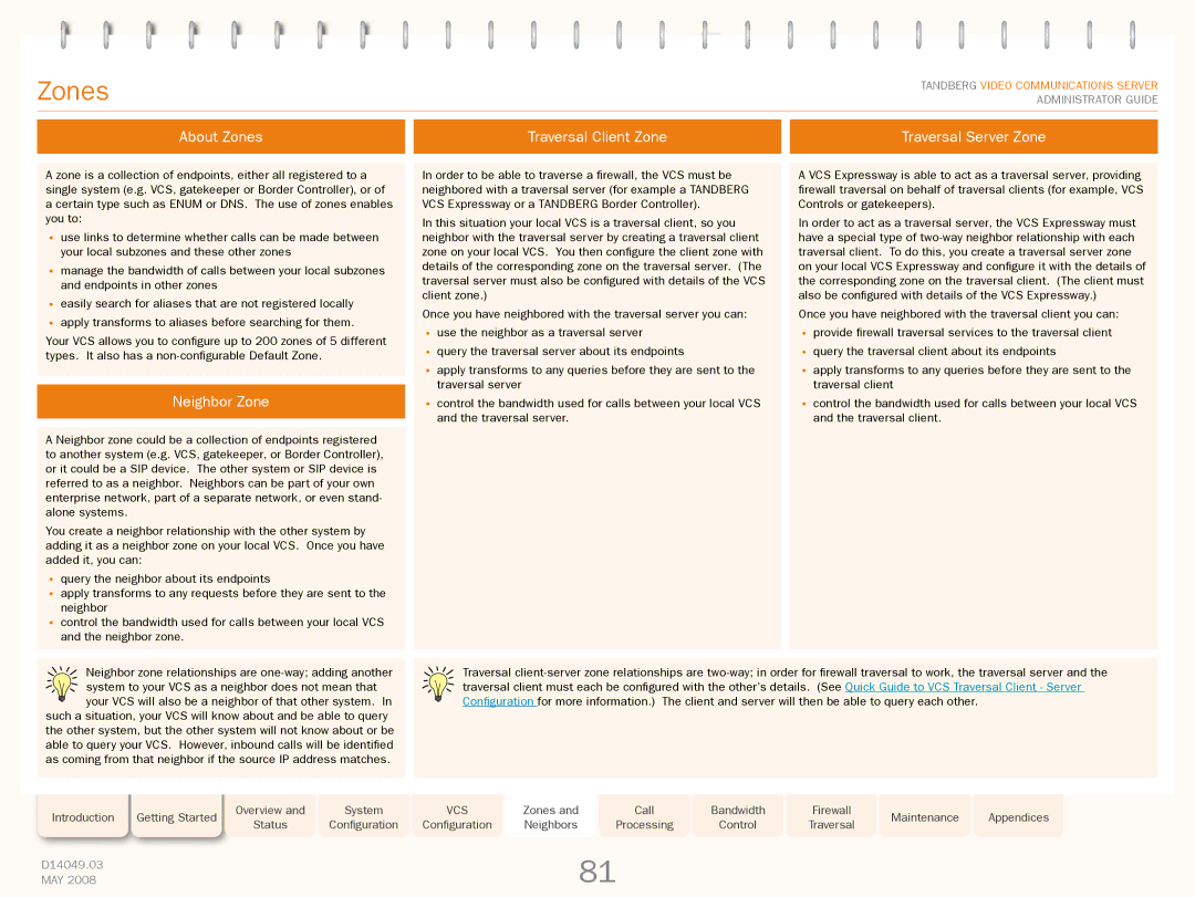 TANDBERG Security Camera manual About Zones Traversal Client Zone Traversal Server Zone, Neighbor Zone 