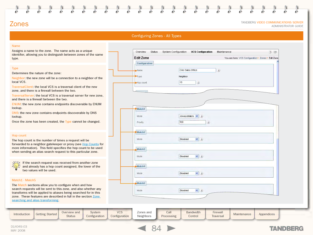 TANDBERG Security Camera manual Configuring Zones All Types, Hop count, Match1 Match5 