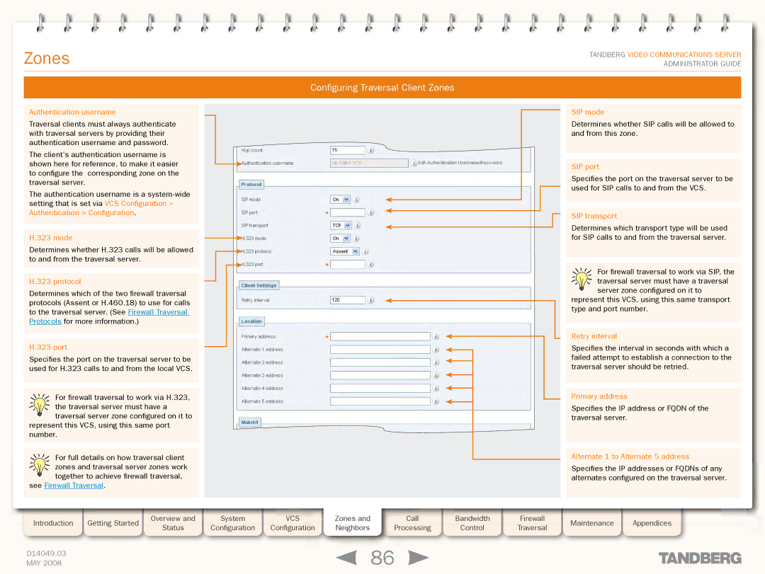 TANDBERG Security Camera Configuring Traversal Client Zones, Authentication username, Retry interval, Primary address 
