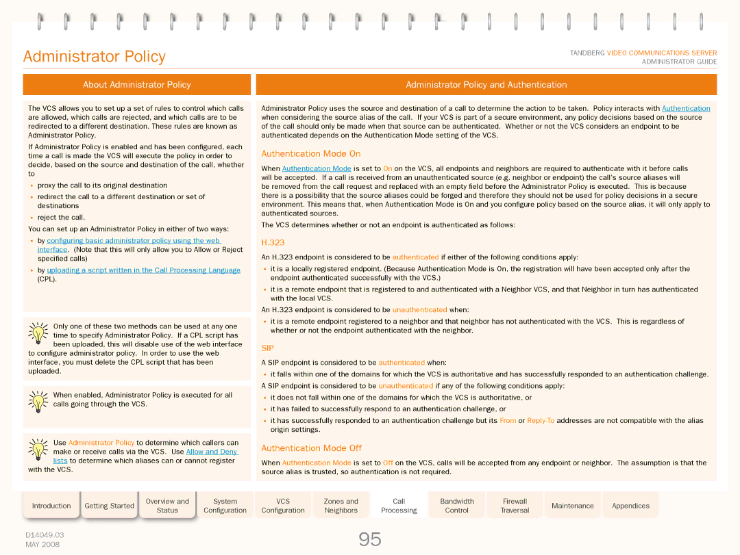 TANDBERG Security Camera manual Administrator Policy, Authentication Mode On, Authentication Mode Off 