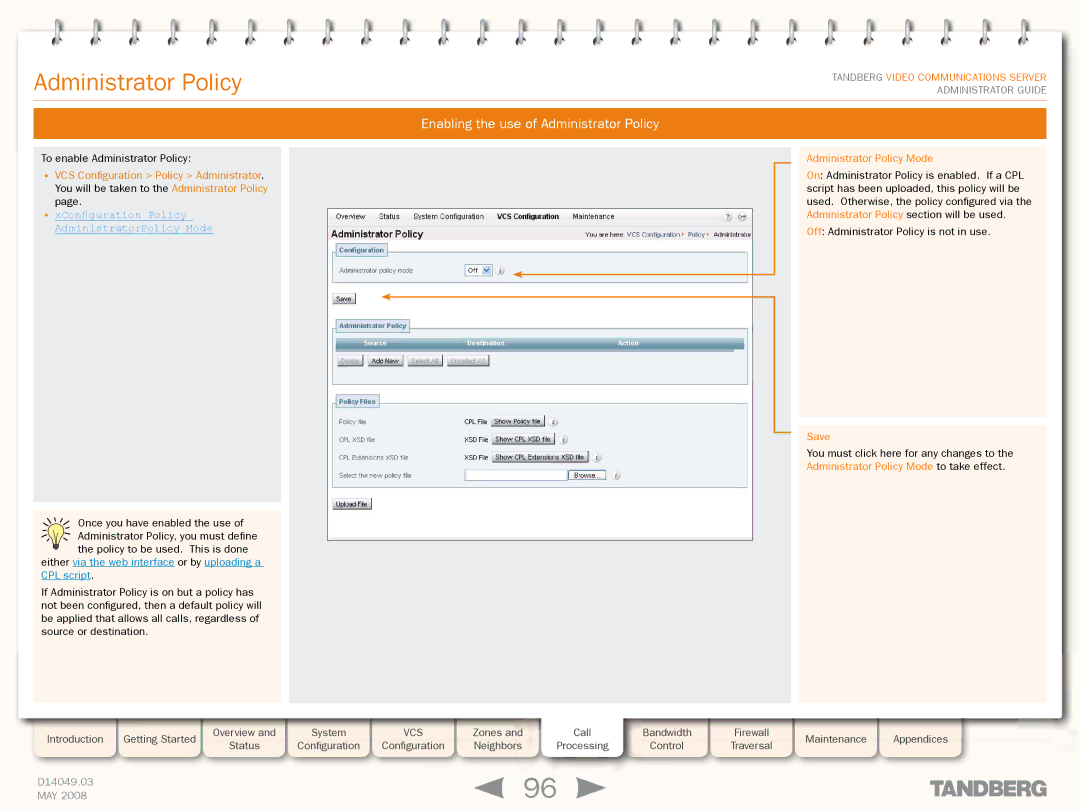 TANDBERG Security Camera manual Enabling the use of Administrator Policy, Administrator Policy Mode 