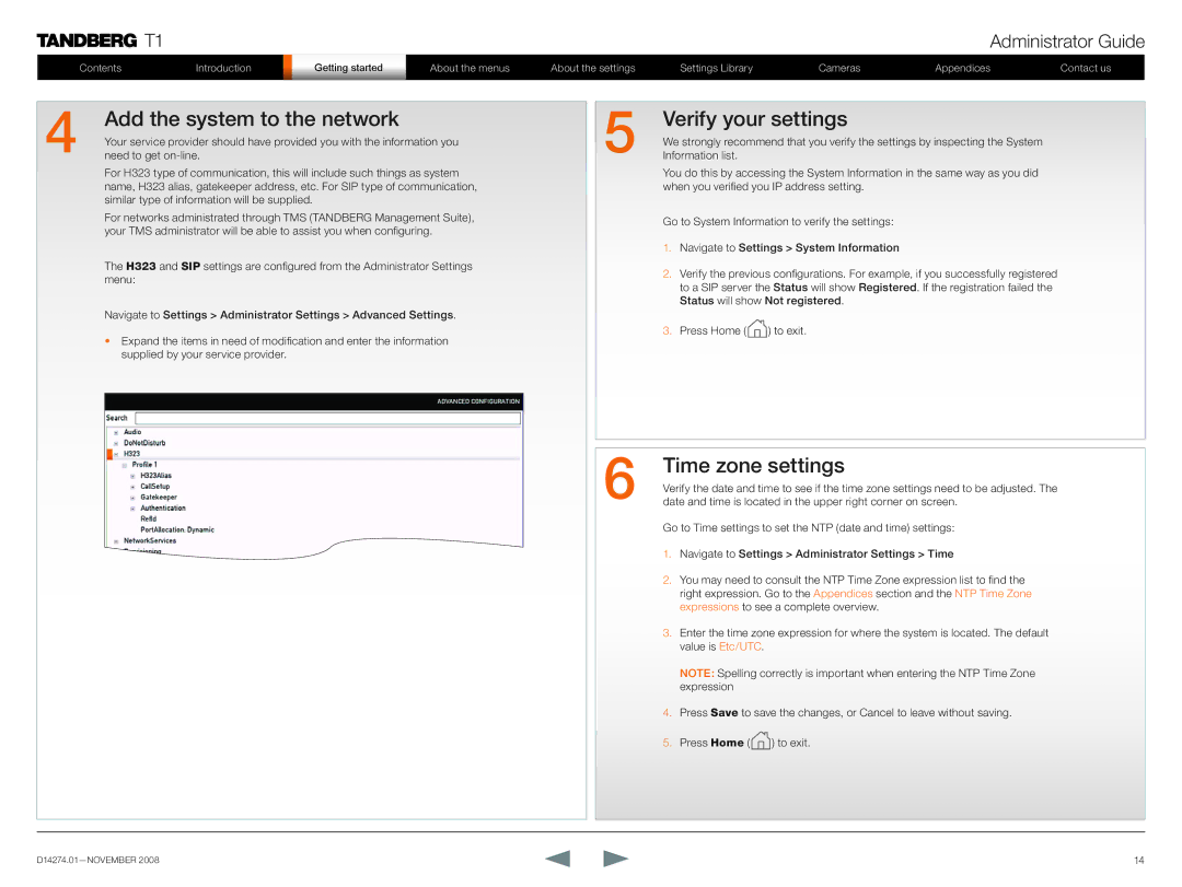 TANDBERG T1 manual Add the system to the network, Verify your settings, Time zone settings 