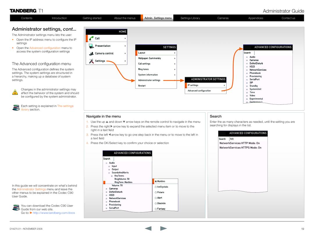 TANDBERG T1 manual Advanced configuration menu, Search 